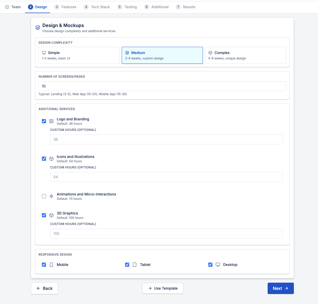 Design complexity and mockups selection in a software project cost calculation tool, including screens, branding, and responsive design