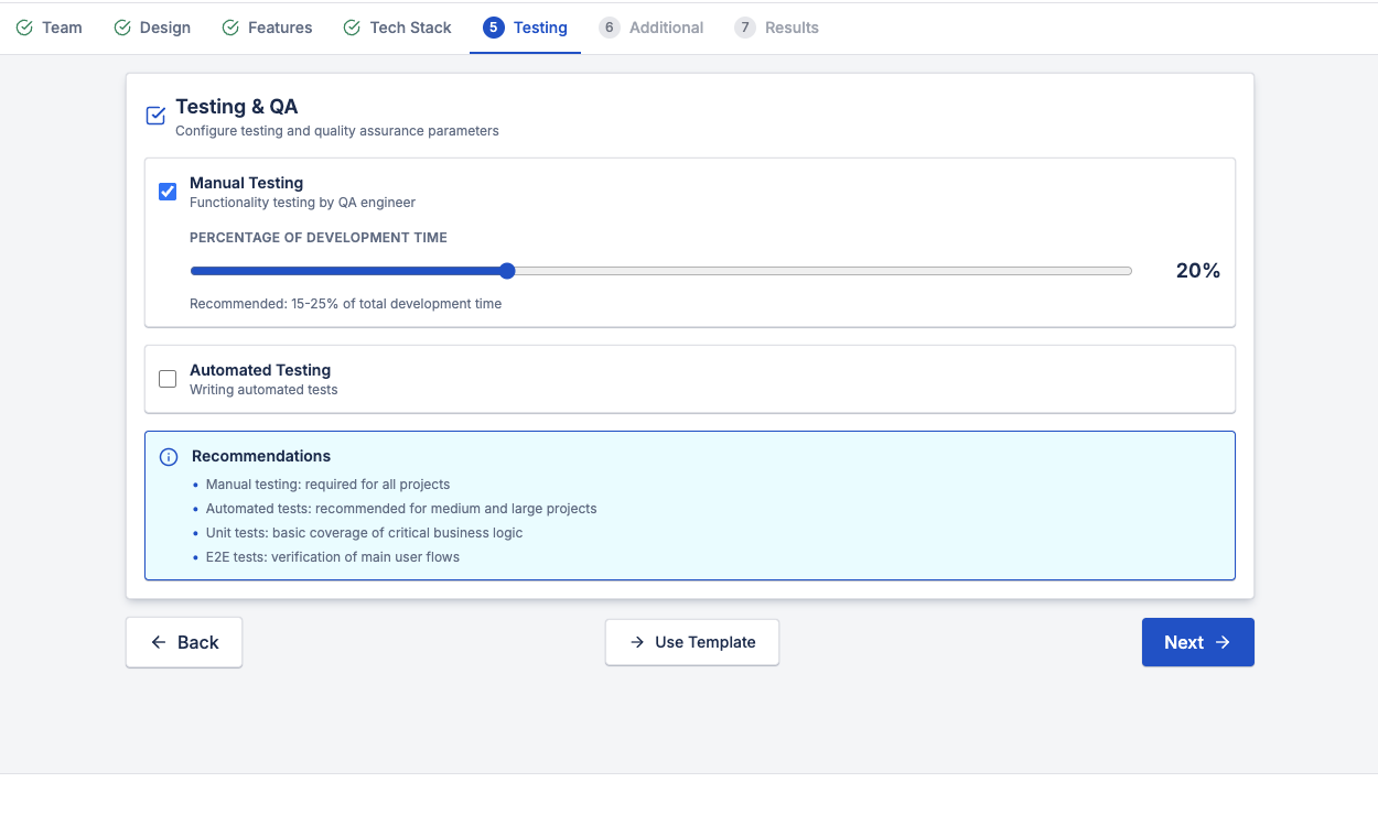 Testing and QA configuration in a software project cost calculation tool showing manual testing percentage and automated testing options