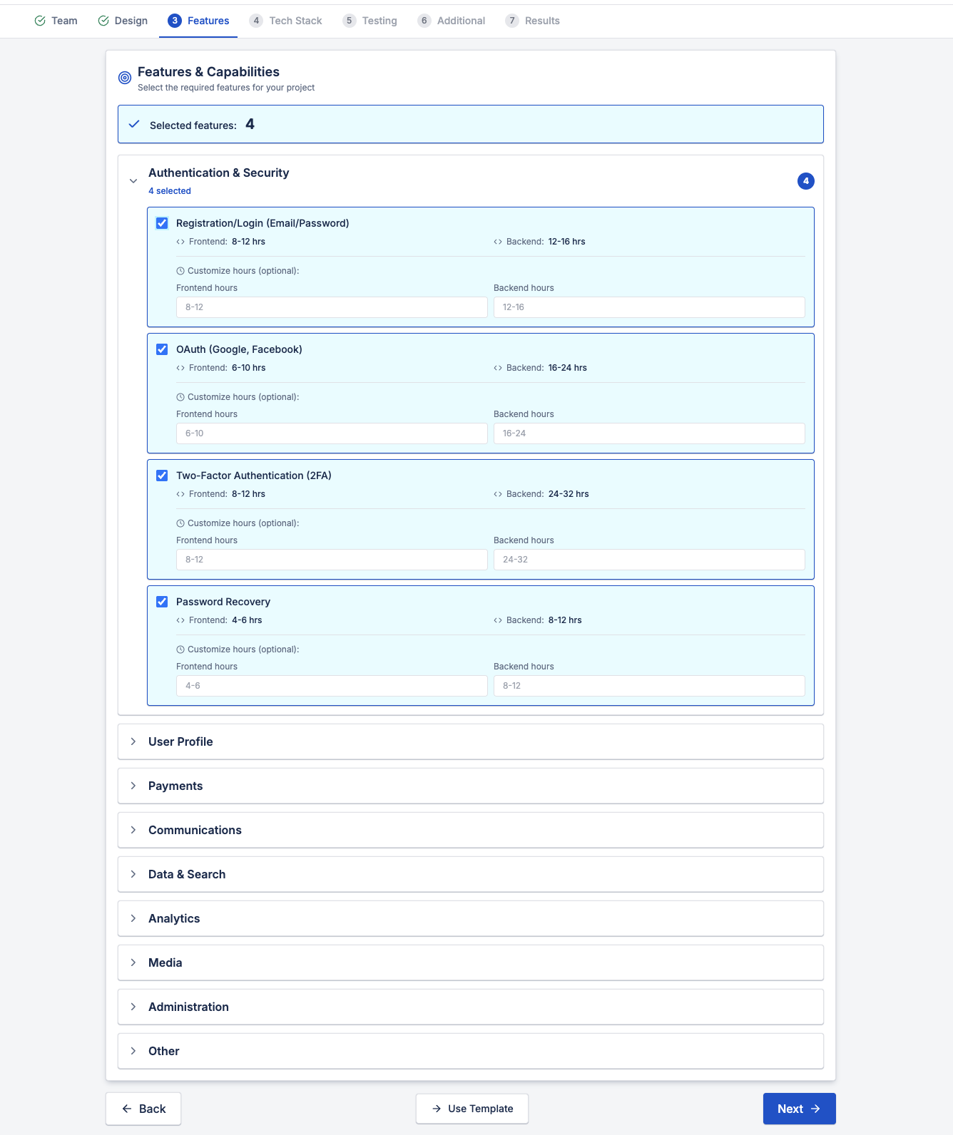 Feature selection step in a software project cost calculation tool showing authentication and security features with estimated frontend and backend hours